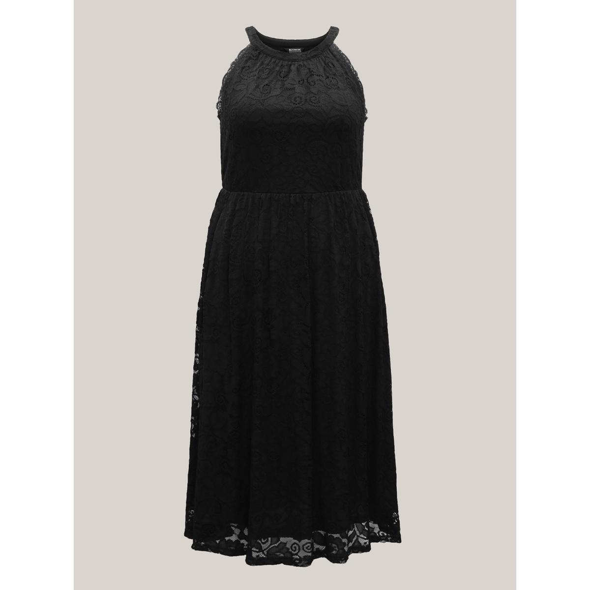 Plus Size Textured Lace Sleeveless Pockets Midi Dress Black Women Round Neck Sleeveless Curvy BloomChic 26/4X Product Image