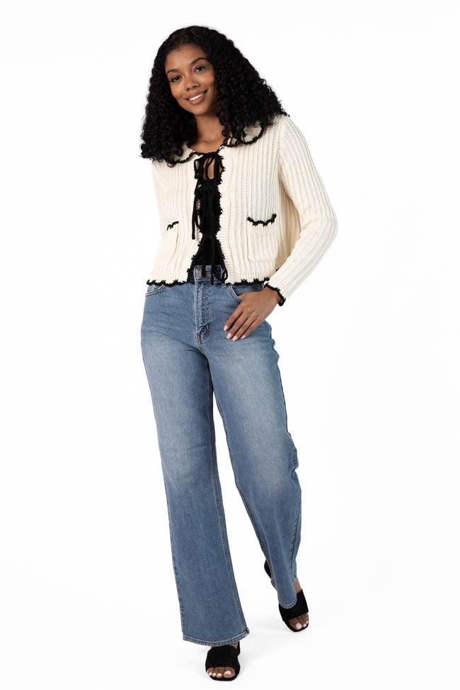 Aim High Cream and Black Tie Front Crochet Cardigan FINAL SALE Product Image