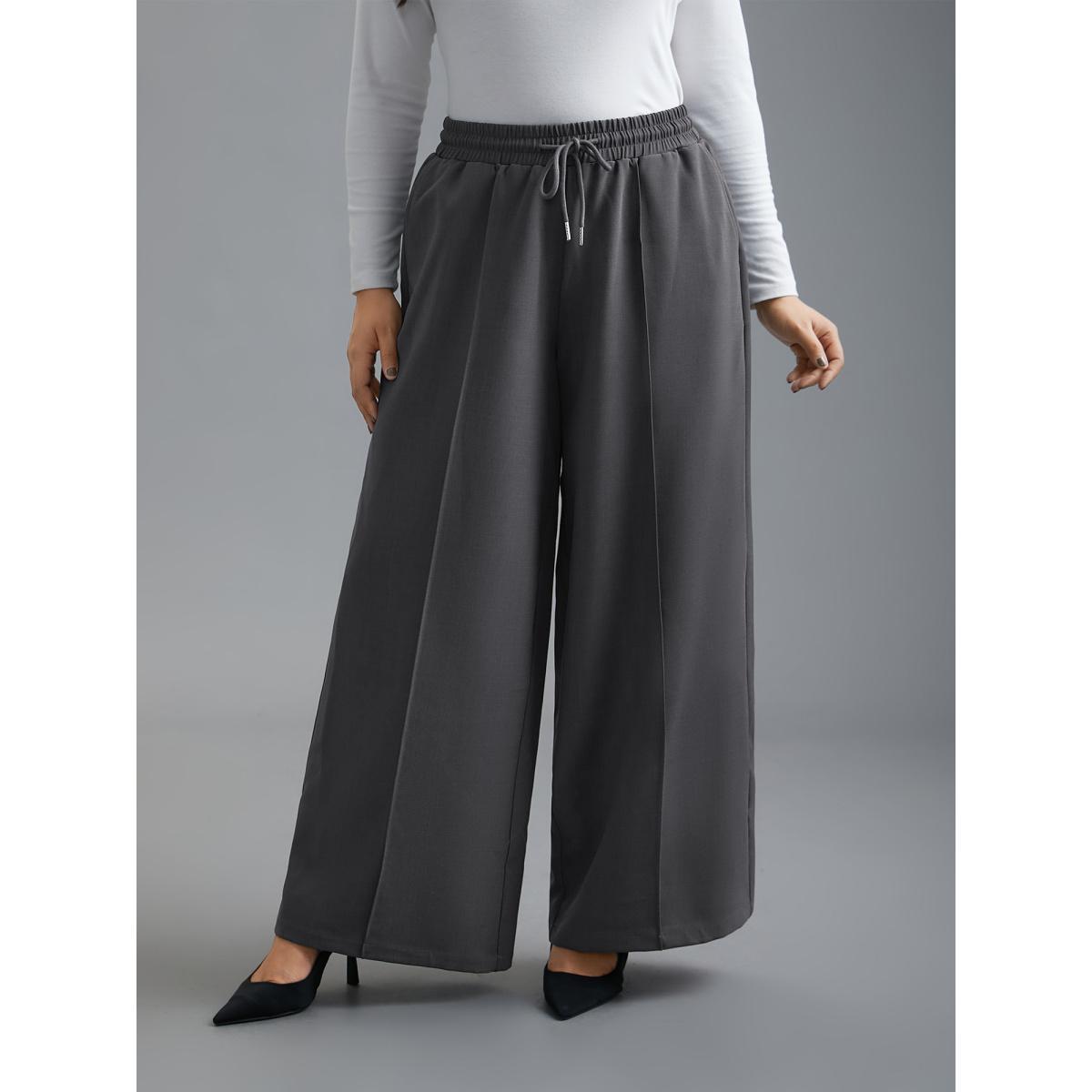 Plus Size Elastic Waist Plicated Detail Slant Pocket Pants Women DimGray Casual Loose Mid Rise Everyday Pants BloomChic 14-16/1X Product Image
