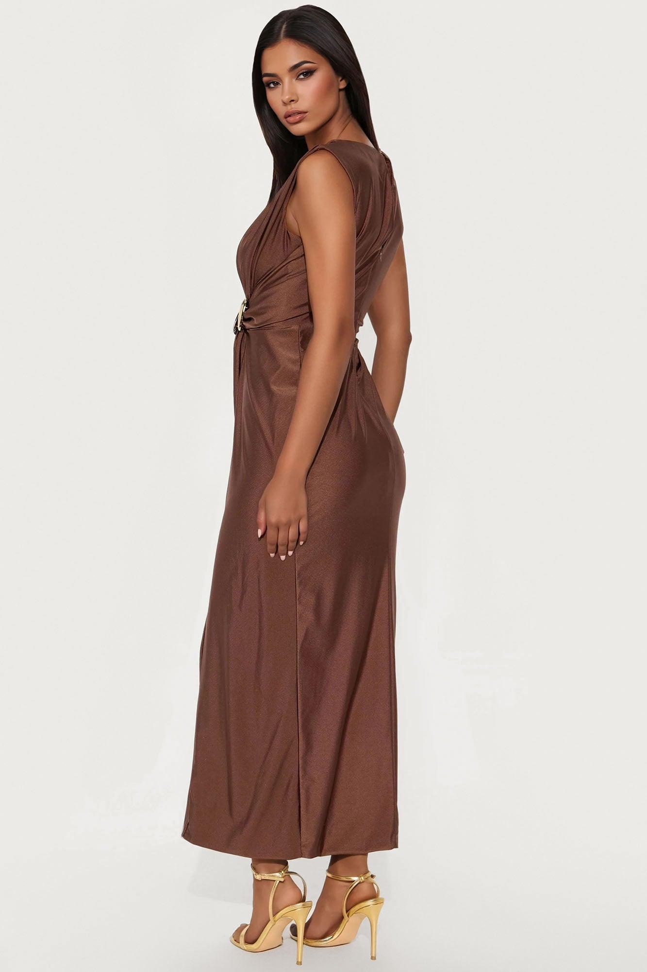 Danielle Draped Tricot Maxi Dress - Brown Product Image
