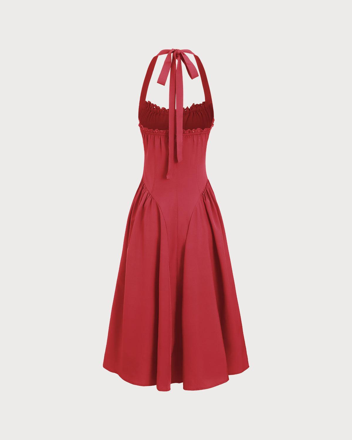 Red Ruched Halter Midi Dress Product Image