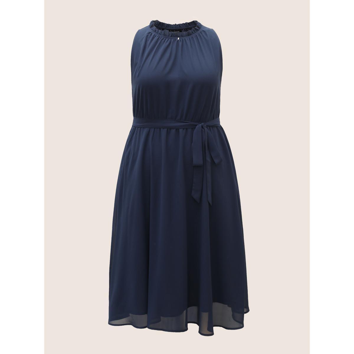 Plus Size Plain Sleeveless Frill Trim Pocket Belted Mock Neck Dress DarkBlue Women At the Office Pocket Mock Neck Sleeveless Curvy Midi Dress BloomChic 18-20/2X Product Image