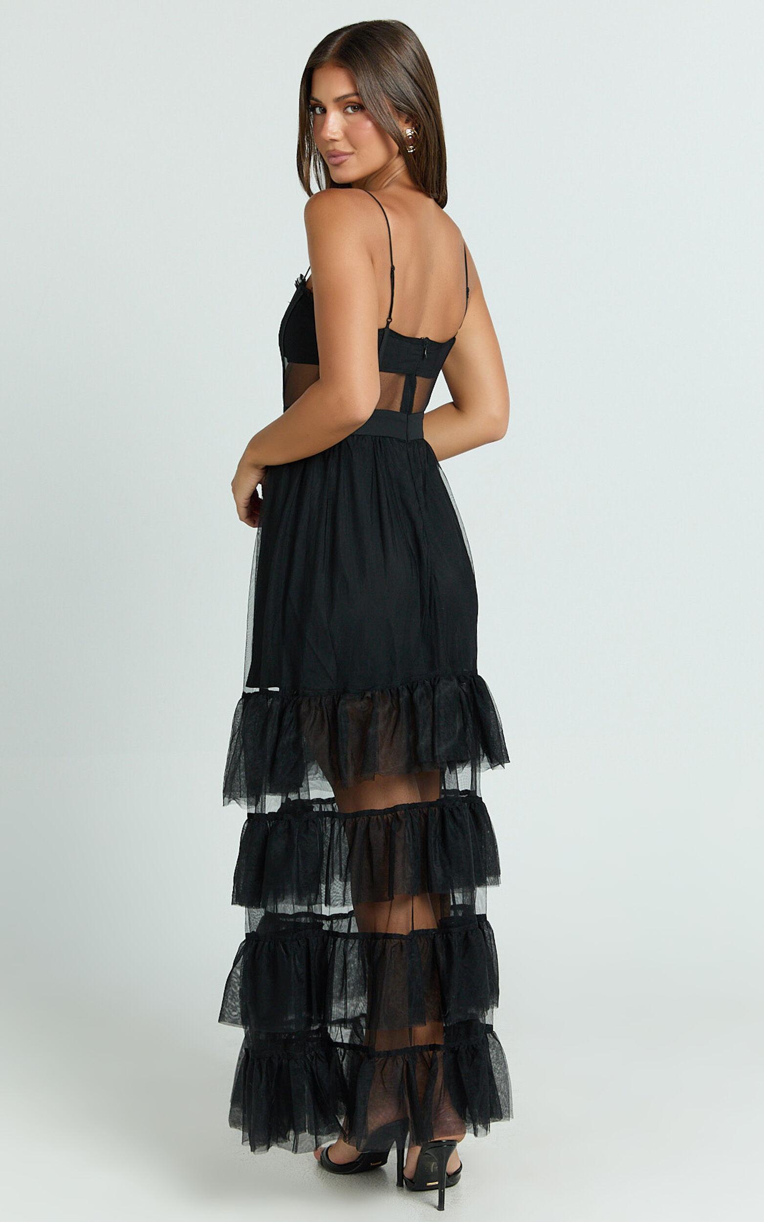 Evelynn Midi Dress - Sweetheart Corset Bodice Fit & Flare Tiered in Black Product Image