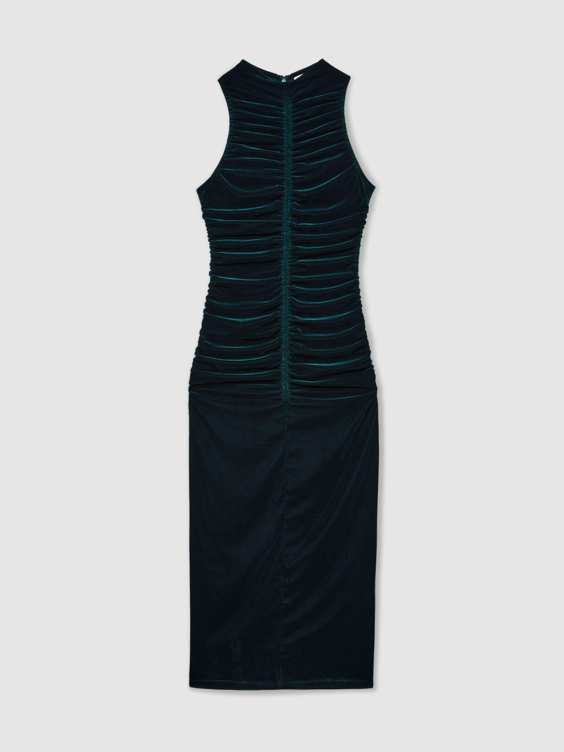 Racer-Front Ruched-Velvet Dress in Teal Product Image