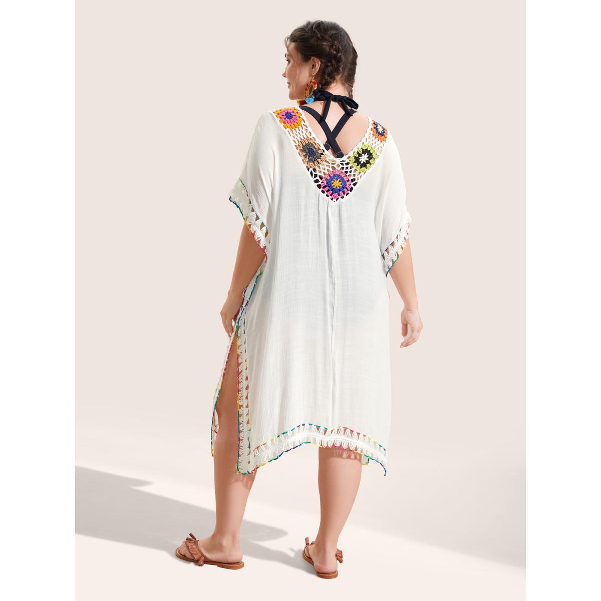 Plus Size Colored Crochet Slit Hem Swim Cover Up Women's Swimwear Originalwhite Beach Loose Crochet Curve Swim Cover Ups BloomChic 12/L Product Image