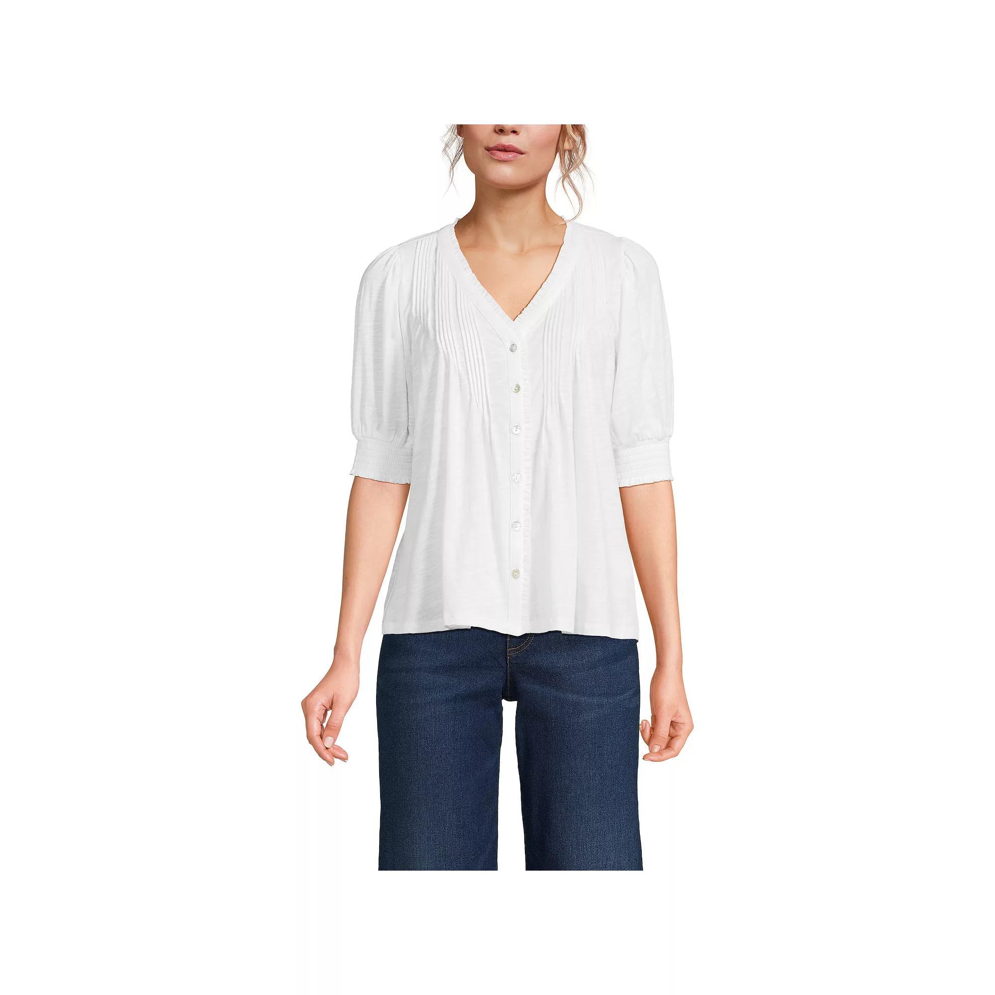 Women's Lands' End Button Pintuck Puff Sleeve Top, Size: XL, White Product Image