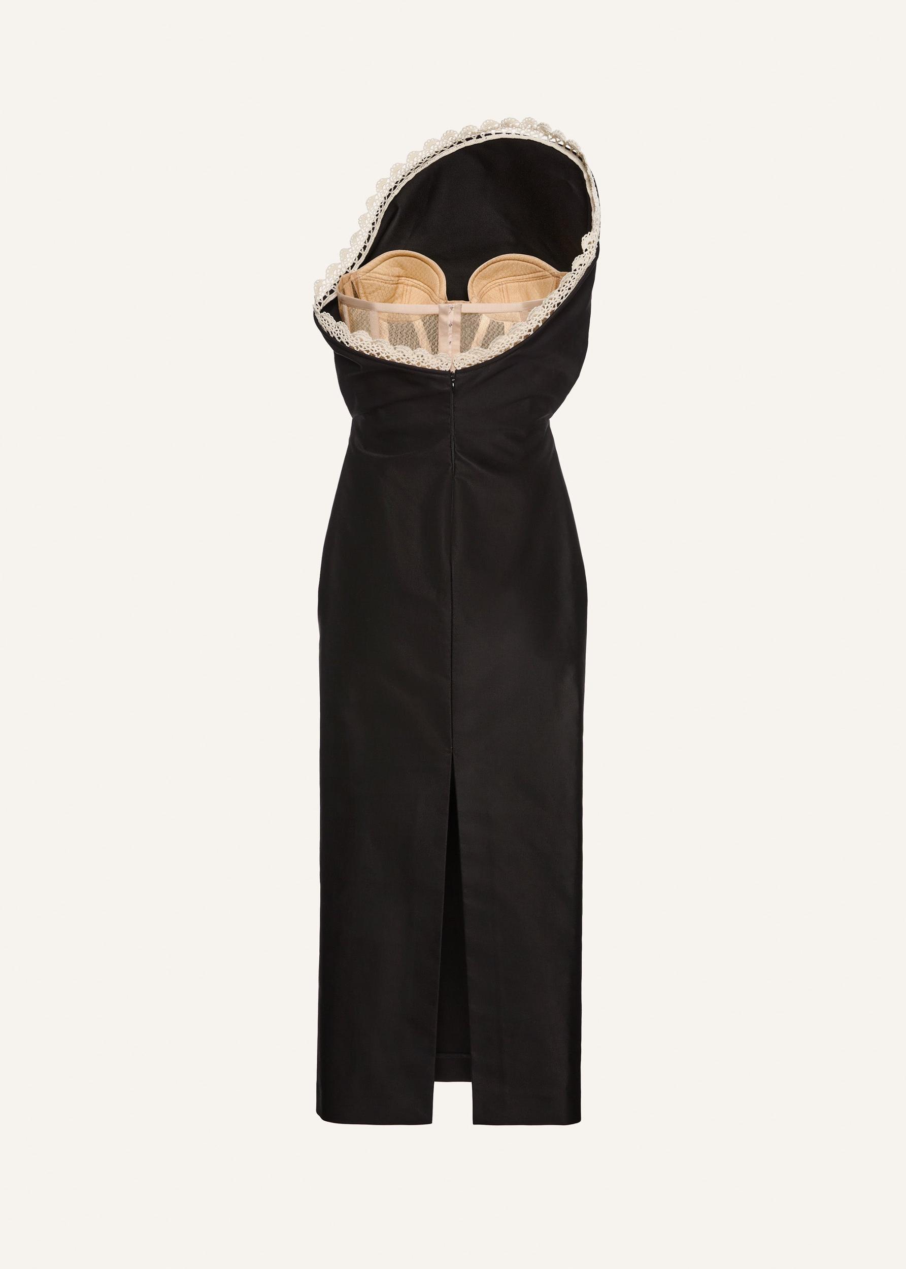 Lace trim sculptural midi dress in black Product Image