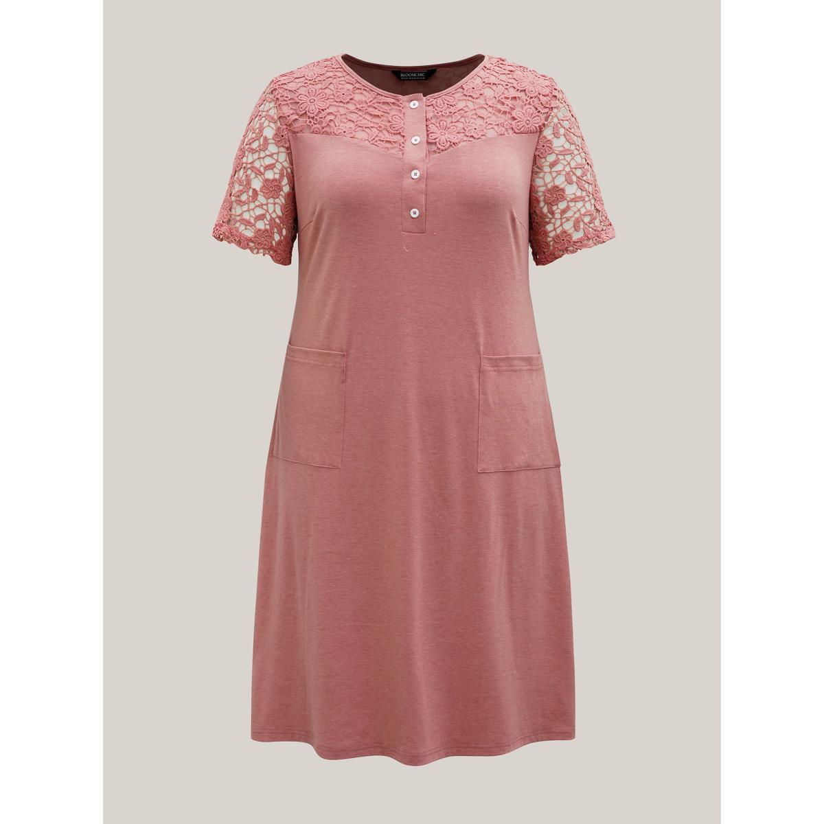 Plus Size Sheer Lace Placket Pockets Midi Dress DustyPink Women Casual Woven ribbon&lace trim Knit Dresses Bloomchic 30/6X Product Image