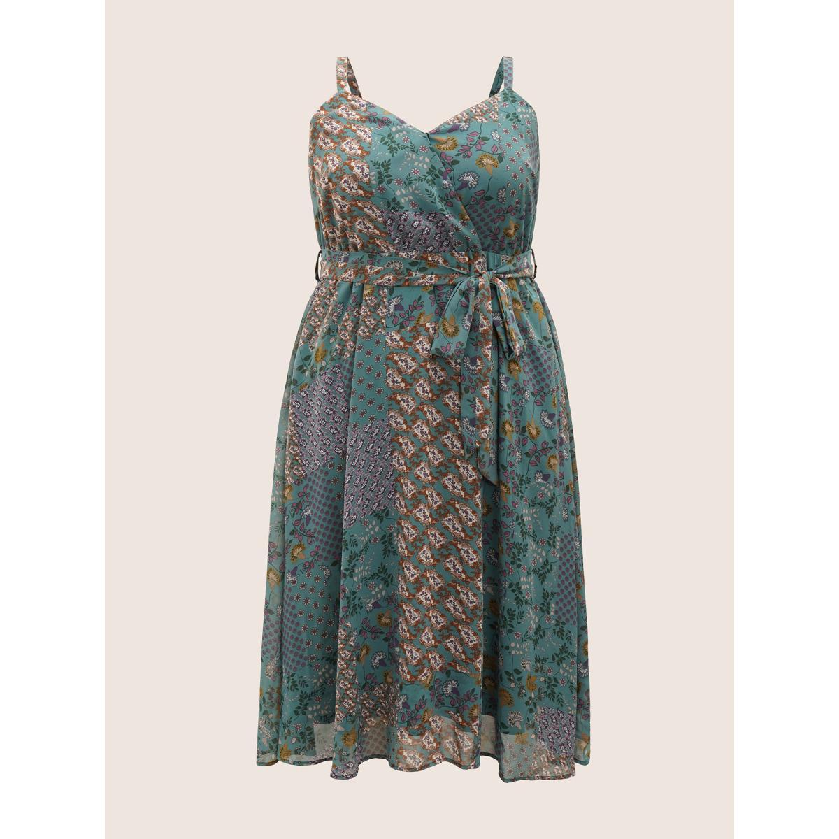 Plus Size Chiffon Boho Print Wrap Belted Cami Dress Emerald Women Elegant Non Spaghetti Strap Sleeveless Curvy Midi Dress BloomChic 12/L Product Image