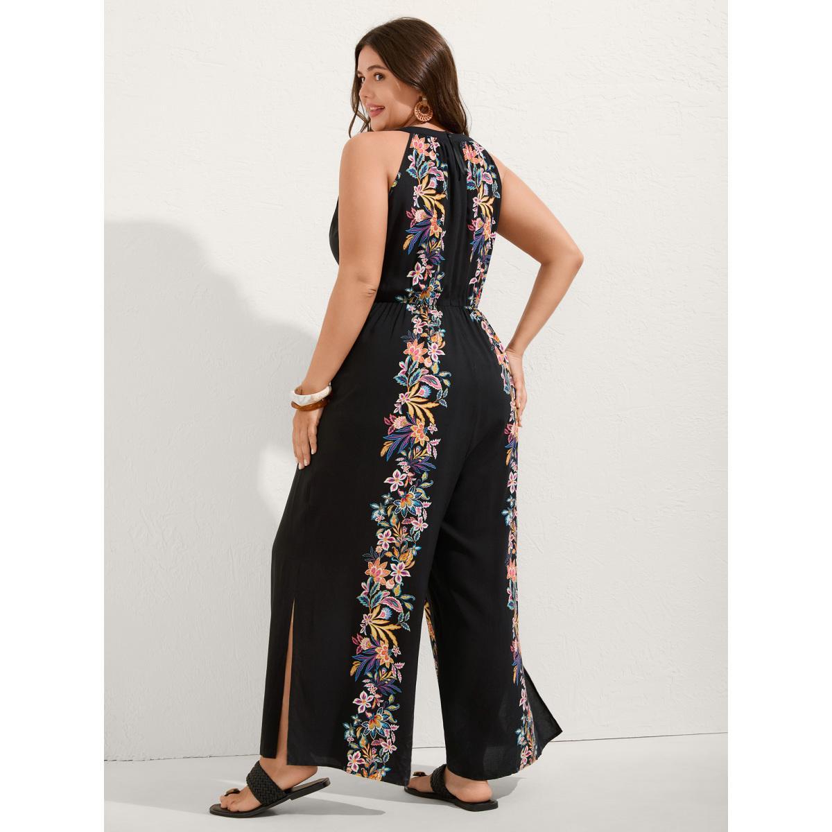 Plus Size Black Floral Halter Neck Slit Hem Jumpsuit Women Sleeveless Halter neck Vacation Loose Jumpsuits BloomChic 10/M Product Image