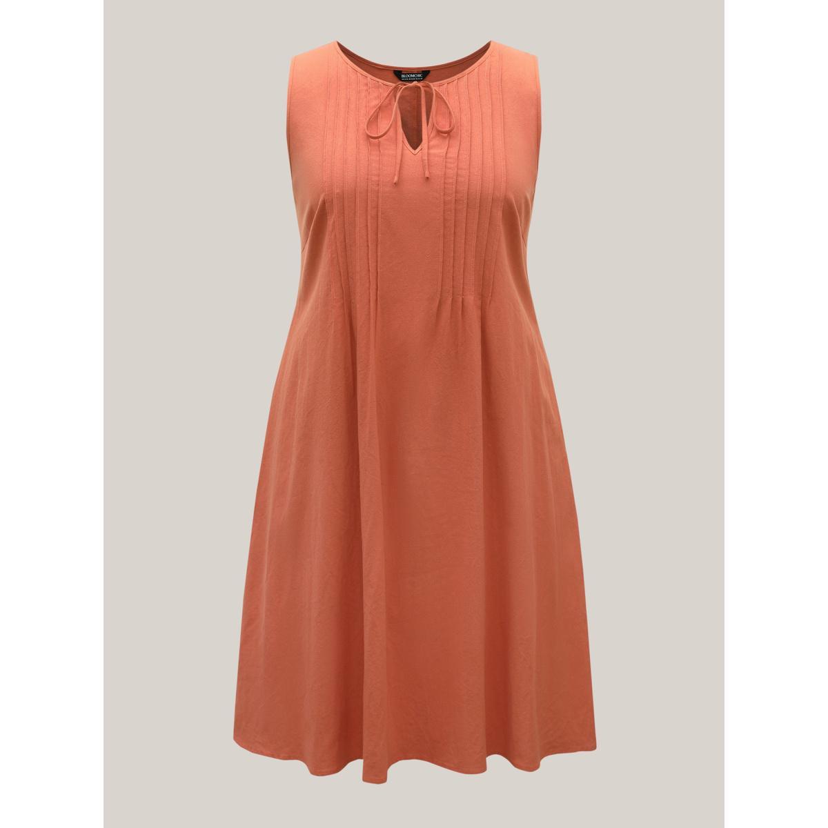 Plus Size Cotton Toothpick Pleat Plain Midi Dress Coral Women Notched collar Sleeveless Curvy BloomChic 12/L Product Image