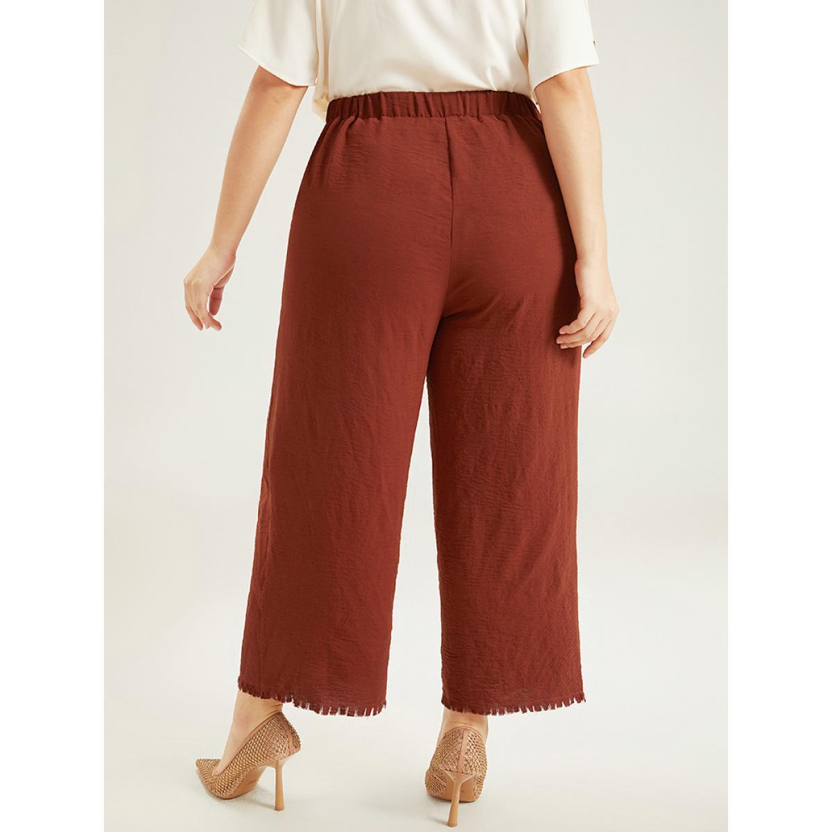 Plus Size Plain Frayed Hem Pocket Bowknot Pants Women Rust Office Straight Leg High Rise Work Pants BloomChic 18-20/2X Product Image