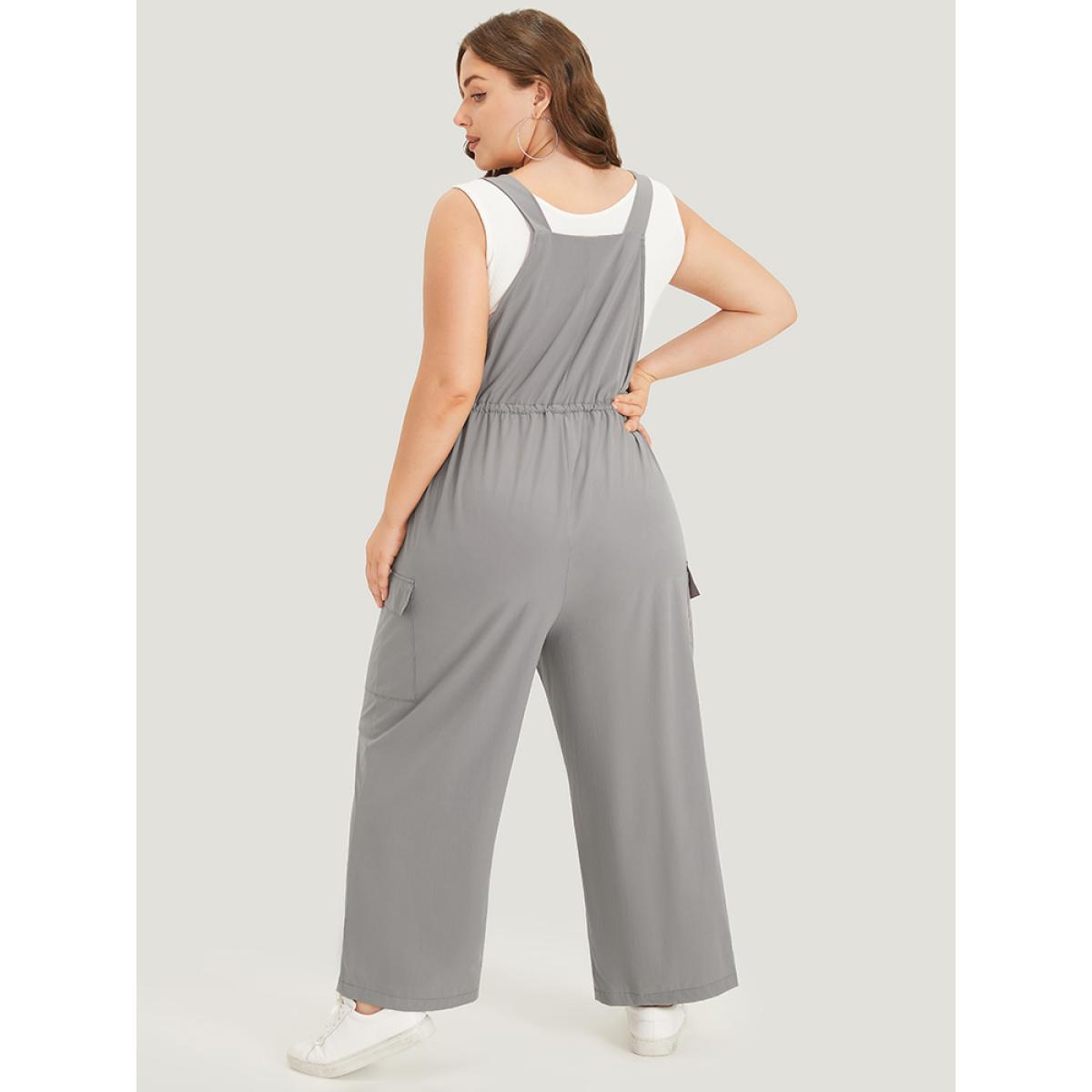 Plus Size Gray Solid Flap Pocket Drawstring Side Overall Jumpsuit Women Casual Sleeveless Spaghetti Strap Dailywear Loose Jumpsuits BloomChic 28/5X Product Image