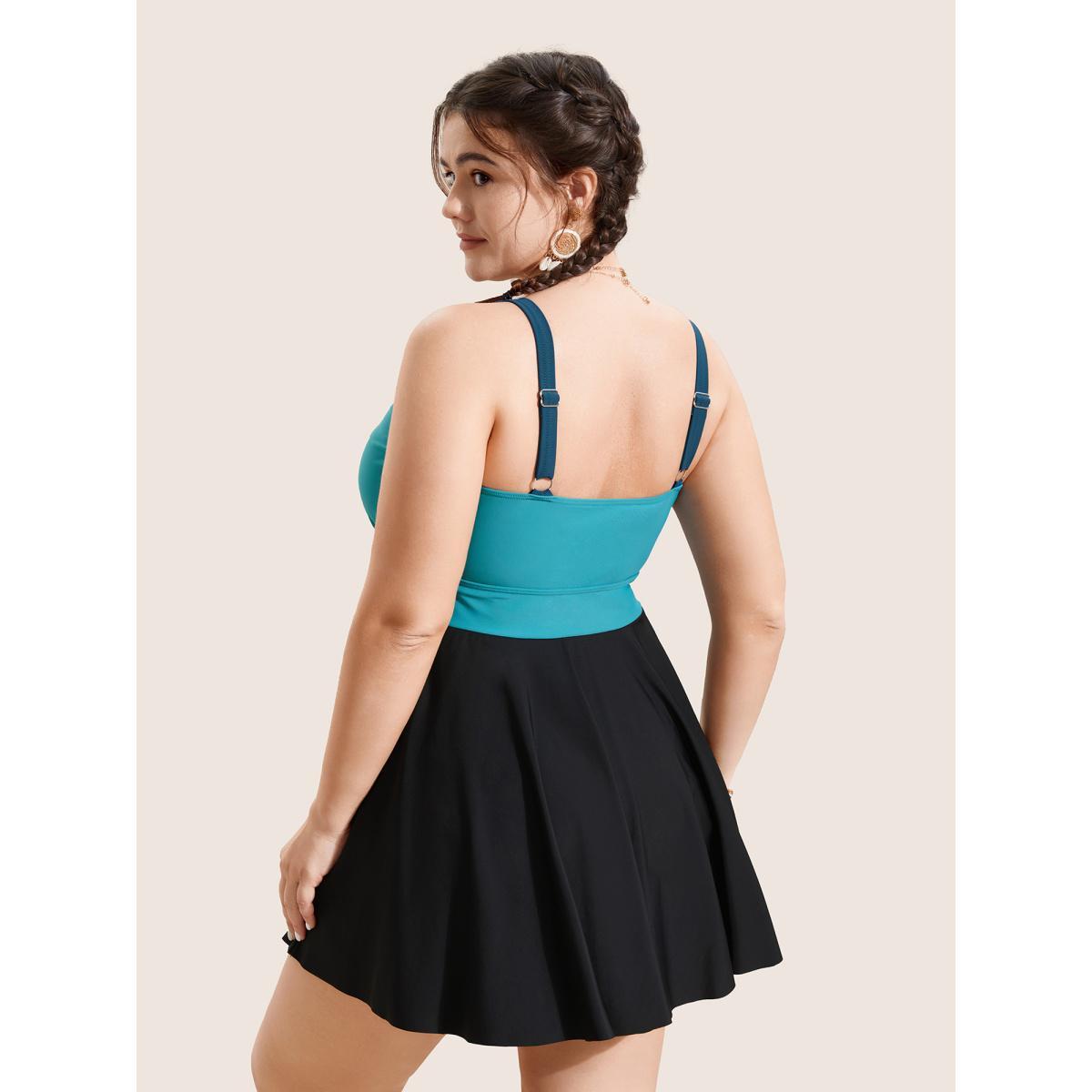 Plus Size V Neck Patchwork Contrast Gathered Swim Dress Women's Swimwear Emerald Beach Bodycon V-neck High stretch Curve Swim Dresses BloomChic 26/4X Product Image