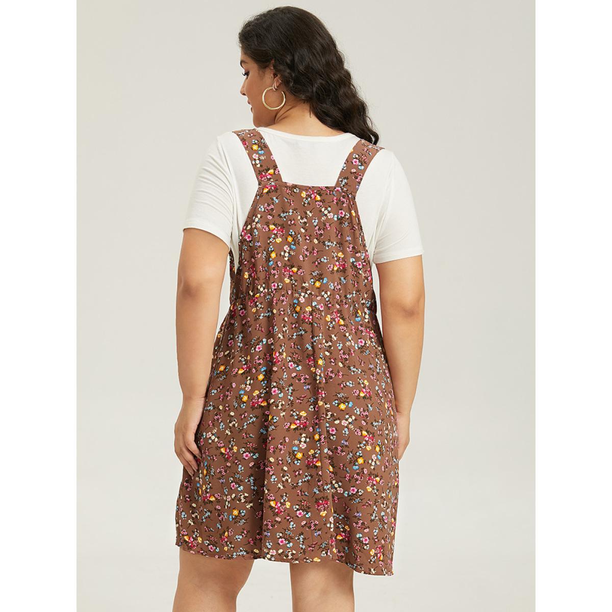 Plus Size Ditsy Floral Pocket Zipper Overall Cami Dress Chocolate Women Casual Zipper Spaghetti Strap Sleeveless Curvy Knee Dress BloomChic 30/6X Product Image