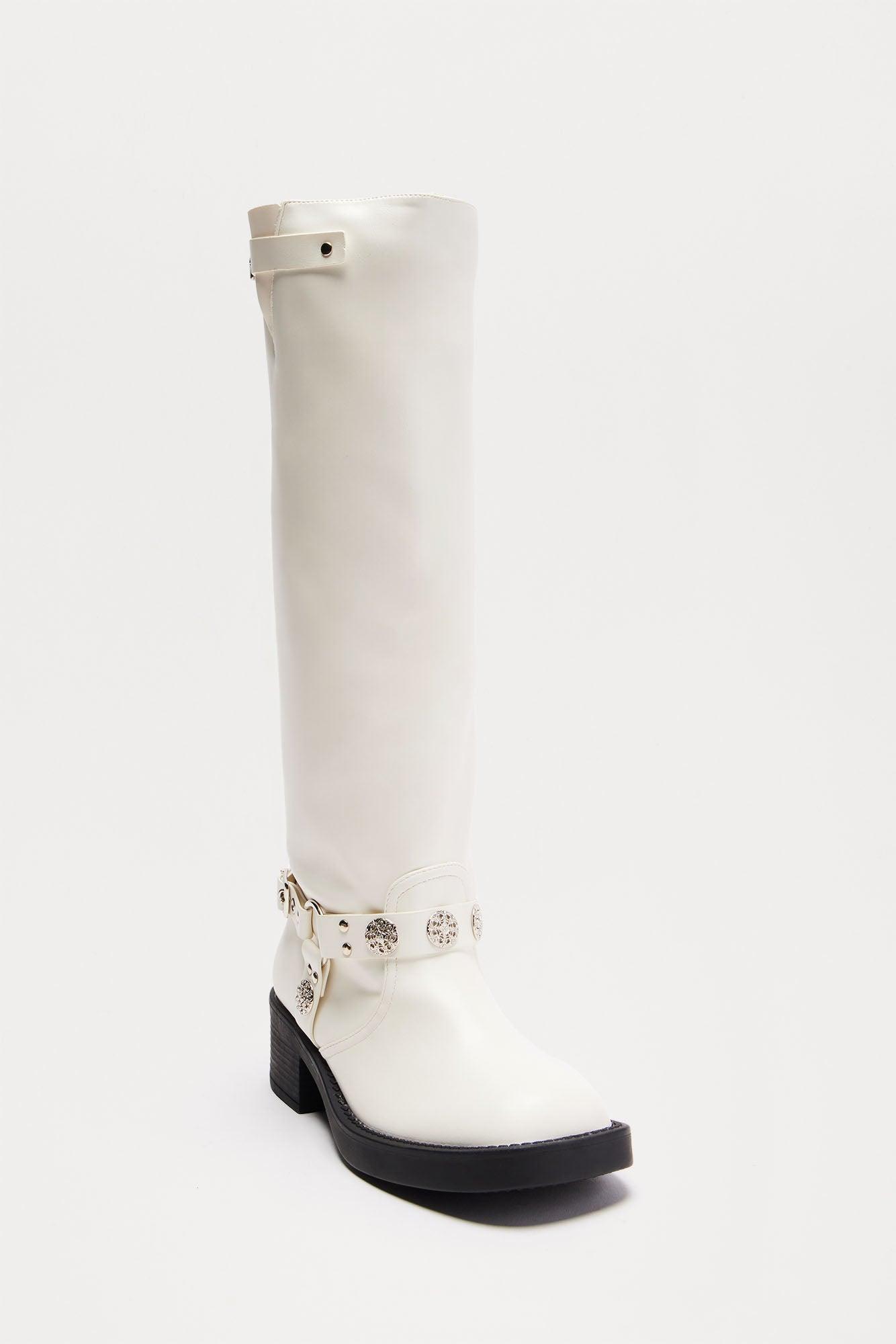 Marrakech Buckle Knee High Boots - White Product Image