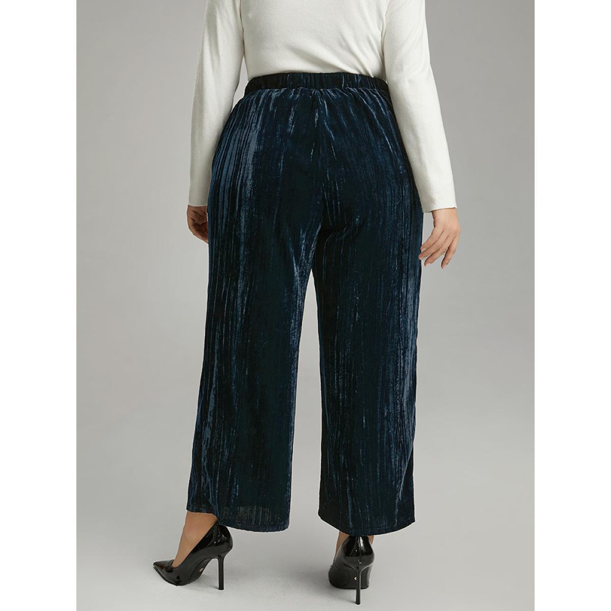 Plus Size Velvet Elastic Waist Pocket Straight Leg Pants Women Indigo Elegant Straight Leg High Rise Dailywear Pants BloomChic 28/5X Product Image