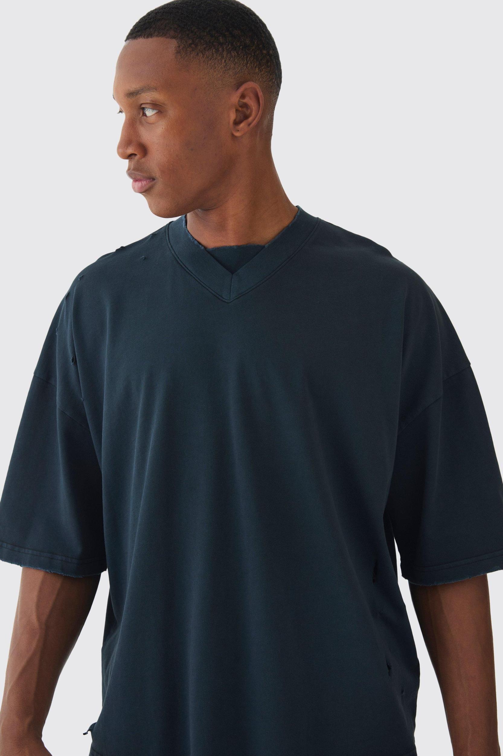 Premium Oversized V Neck Dropped Shoulder Top Stitched Washed T-shirt | boohooMAN USA Product Image