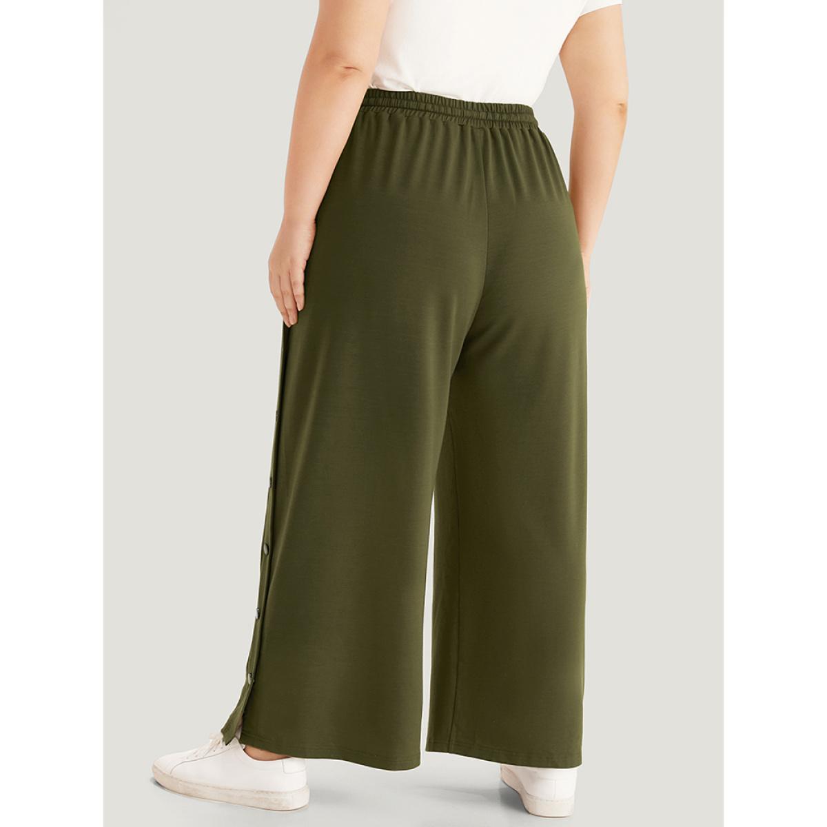 Plain Pocket Elastic Waist Button Detail Drawstring Sweatpants ArmyGreen Plus Size Women Casual Dailywear Plain 28/5X Bloomchic Product Image
