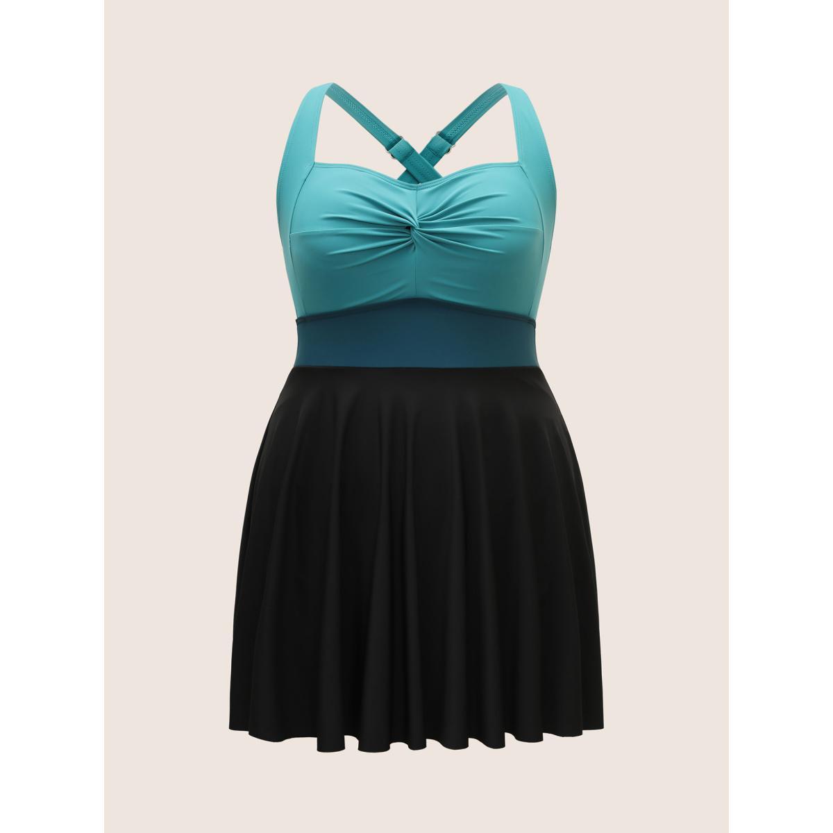 Plus Size Crossover Patchwork Heart Neckline Swim Dress Women's Swimwear Teal Beach Bodycon Heart neckline High stretch Curve Swim Dresses BloomChic 28/5X Product Image