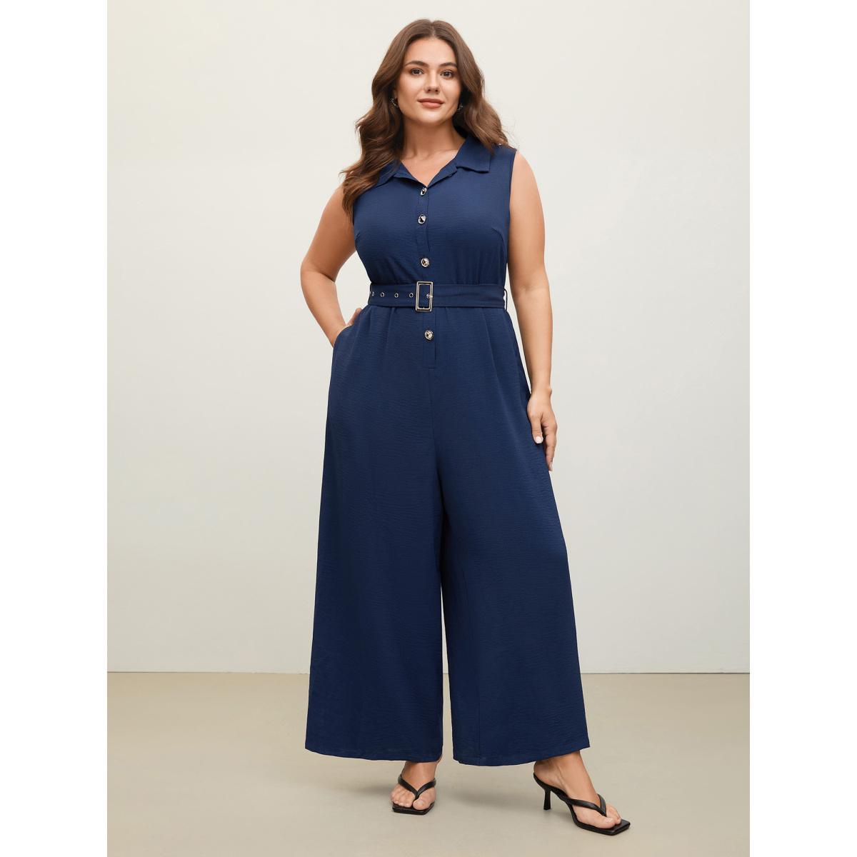 Plus Size Indigo Belted Waist-Cinched Wide-Leg Jumpsuit Women Sleeveless Shirt collar Work Loose Jumpsuits BloomChic 26/4X Product Image