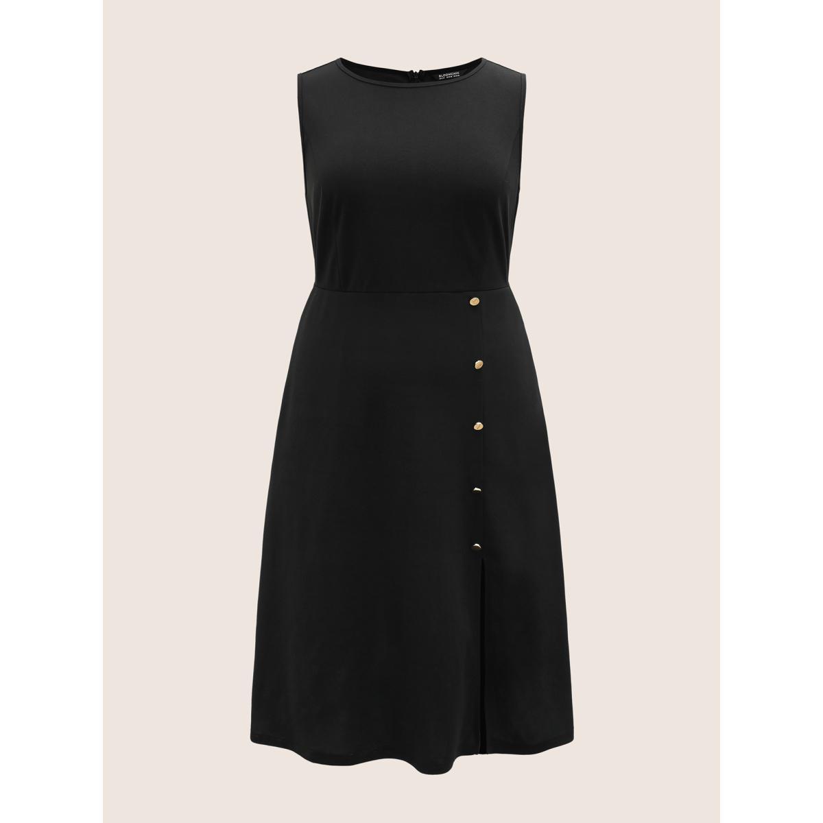 Plus Size Solid Metal Detail Split Hem Sleeveless Dress Black Women At the Office Button Round Neck Sleeveless Curvy BloomChic 22-24/3X Product Image