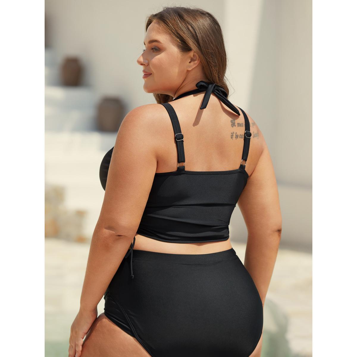 Plus Size Boho Print Adjustable Drawstrings Swim Tankini Women's Swimwear Black Beach Tie knot High stretch Skinny Overlap Collar Curve Swim Tops BloomChic 26/4X Product Image