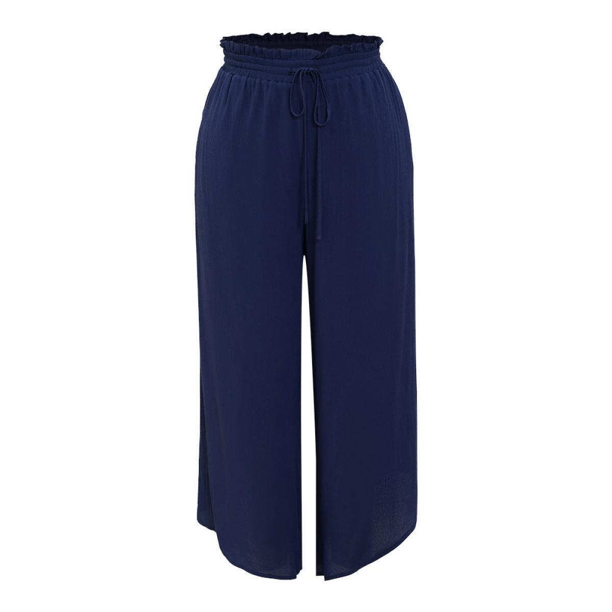 Plus Size Solid Paperbag Waist Asymmetrical Hem Wide Leg Pants Women Indigo Elegant High Rise Dailywear Pants BloomChic 10/M Product Image