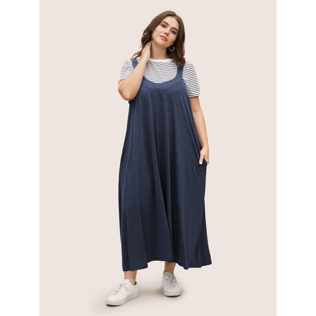 Plus Size Supersoft Essentials Plain Adjustable Straps Dress DarkGray Women Casual Non Sleeveless Curvy BloomChic 12/L Product Image
