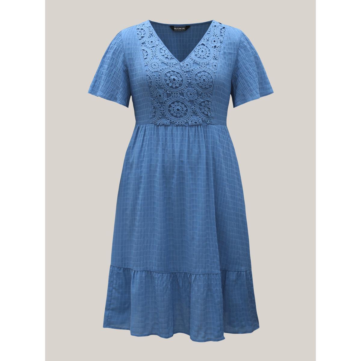 Plus Size Lace Textured Pockets Tiered Midi Dress Mediumblue Women V-neck Short sleeve Curvy BloomChic 28/5X Product Image
