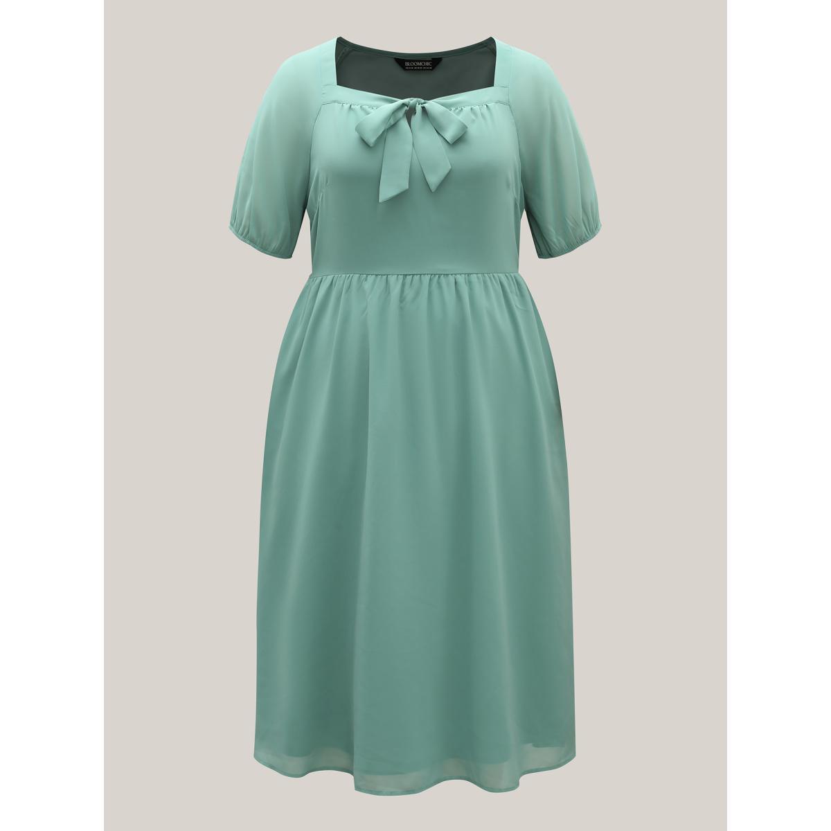 Plus Size Chiffon Ribbon Collar Waist-Cinched Dress Teal Women Square Neck Short sleeve Curvy BloomChic 10/M Product Image