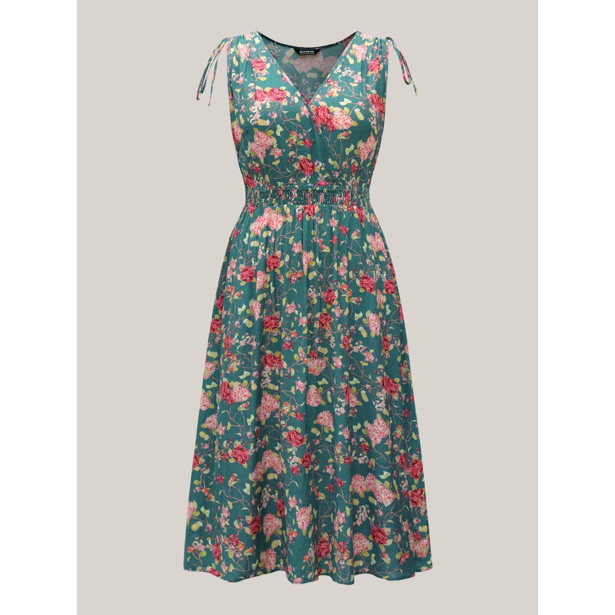 Plus Size Floral Print Shoulder Tie Pockets Midi Dress Cerulean Women Overlap Collar Sleeveless Curvy BloomChic 10/M Product Image