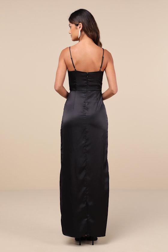 Stunning Expression Black Satin Pleated Tulip Maxi Dress Product Image