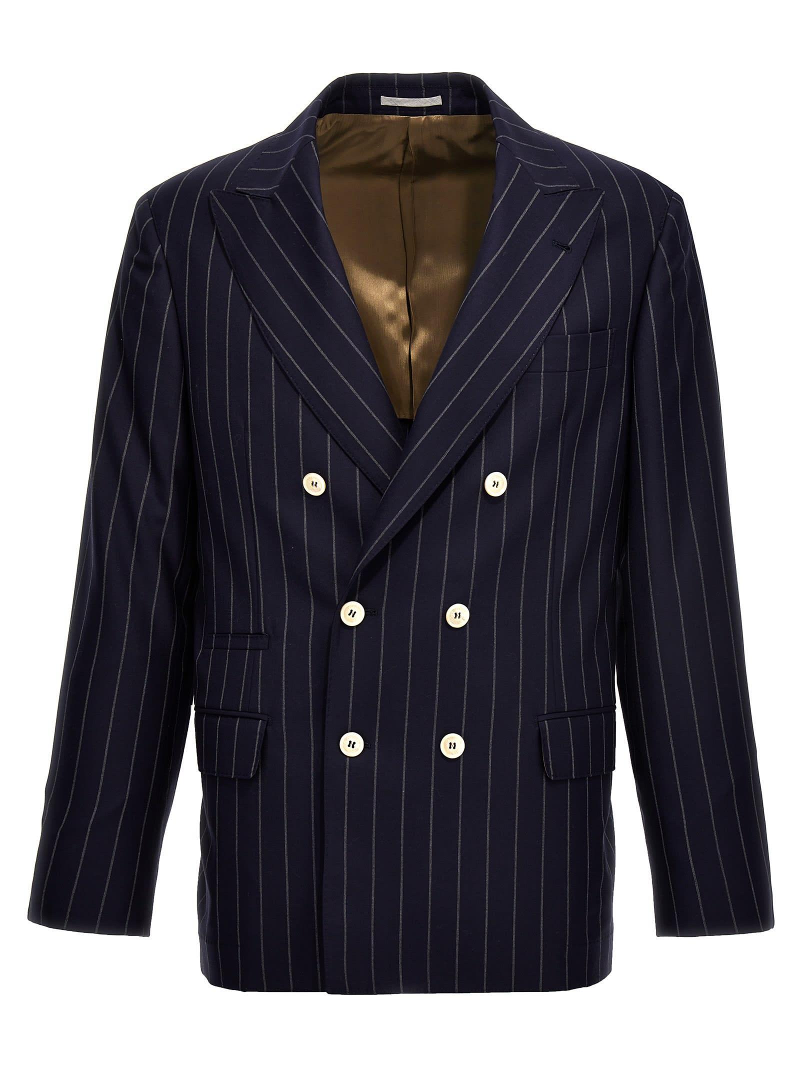BRUNELLO CUCINELLI Double Breast Gestation Wool Blazer Jacket In Blue Product Image