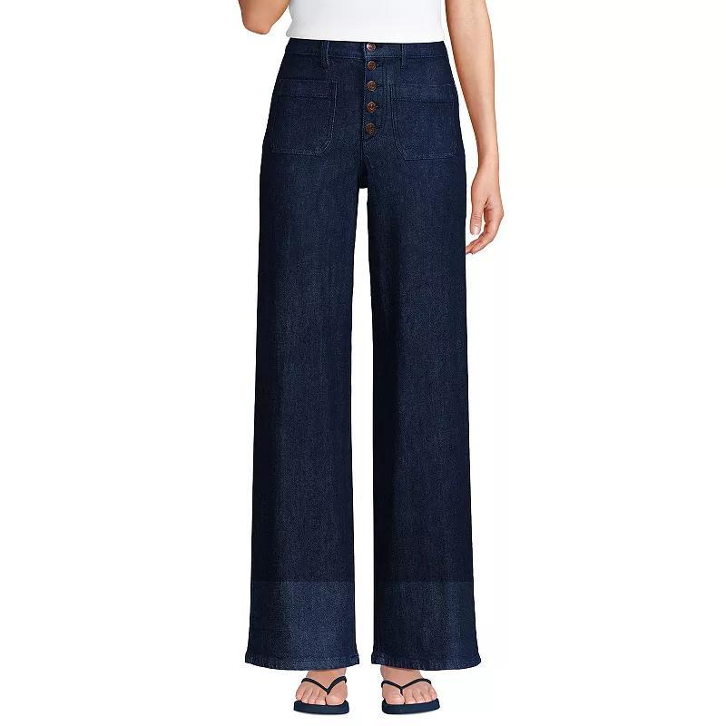 Lands' End Women's Denim High Rise Button Front Patch Pocket Wide Leg Jeans Product Image