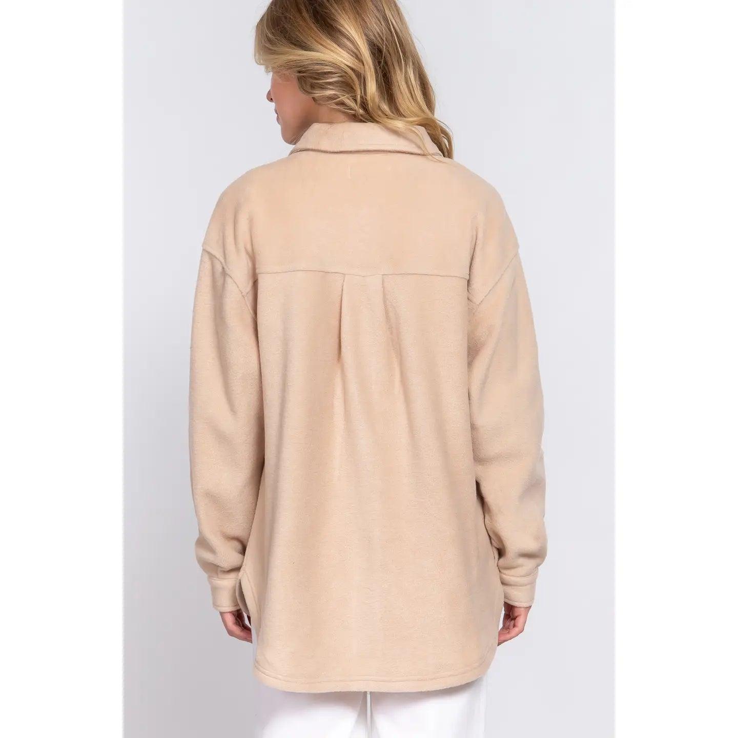 Beige Long Sleeve Notched Collar Front Pocket Fleece Jacket Product Image