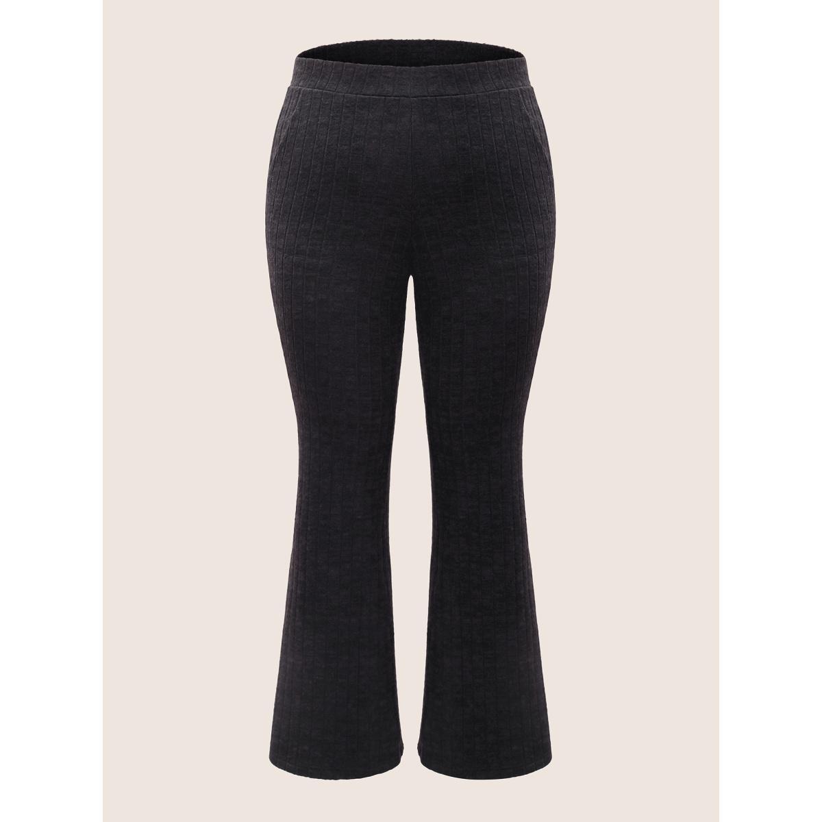 Plus Size Rib Knit Texture Elastic Waist Flare Leg Pants Women Black Work From Home Flare Leg High Rise Work Pants BloomChic 22-24/3X Product Image