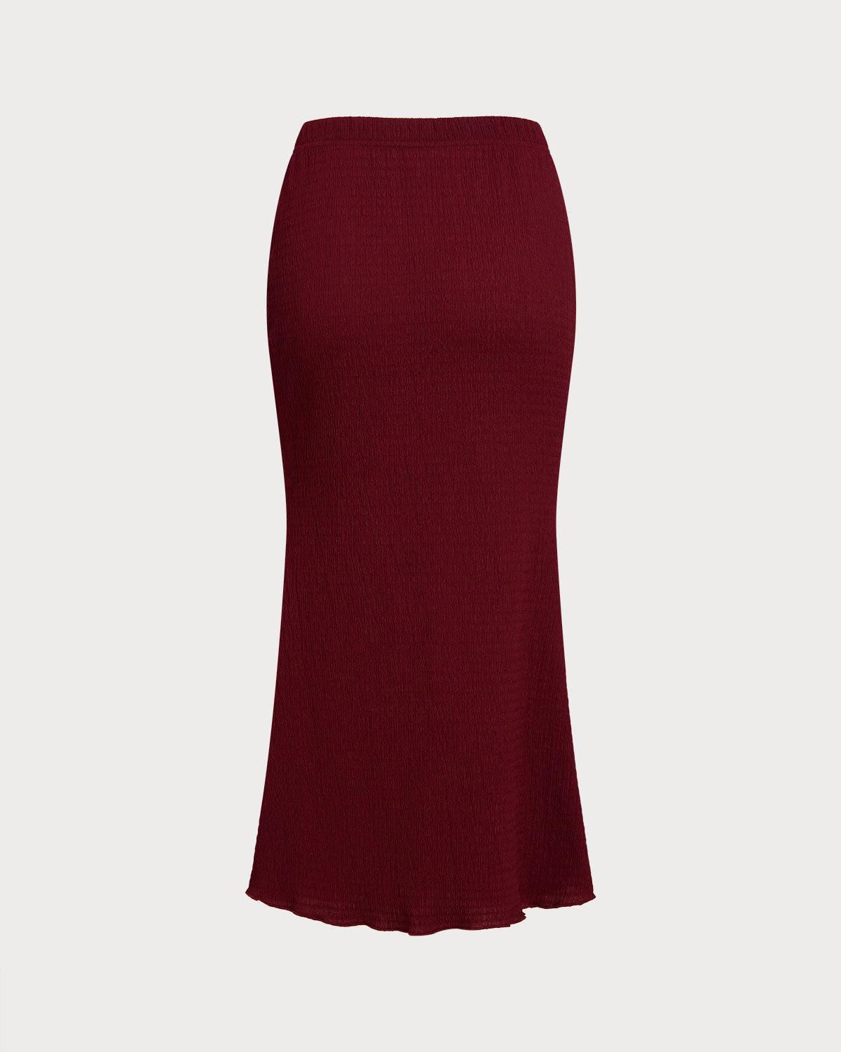 Wine Red Knit Elastic Waist Mermaid Midi Skirt Product Image