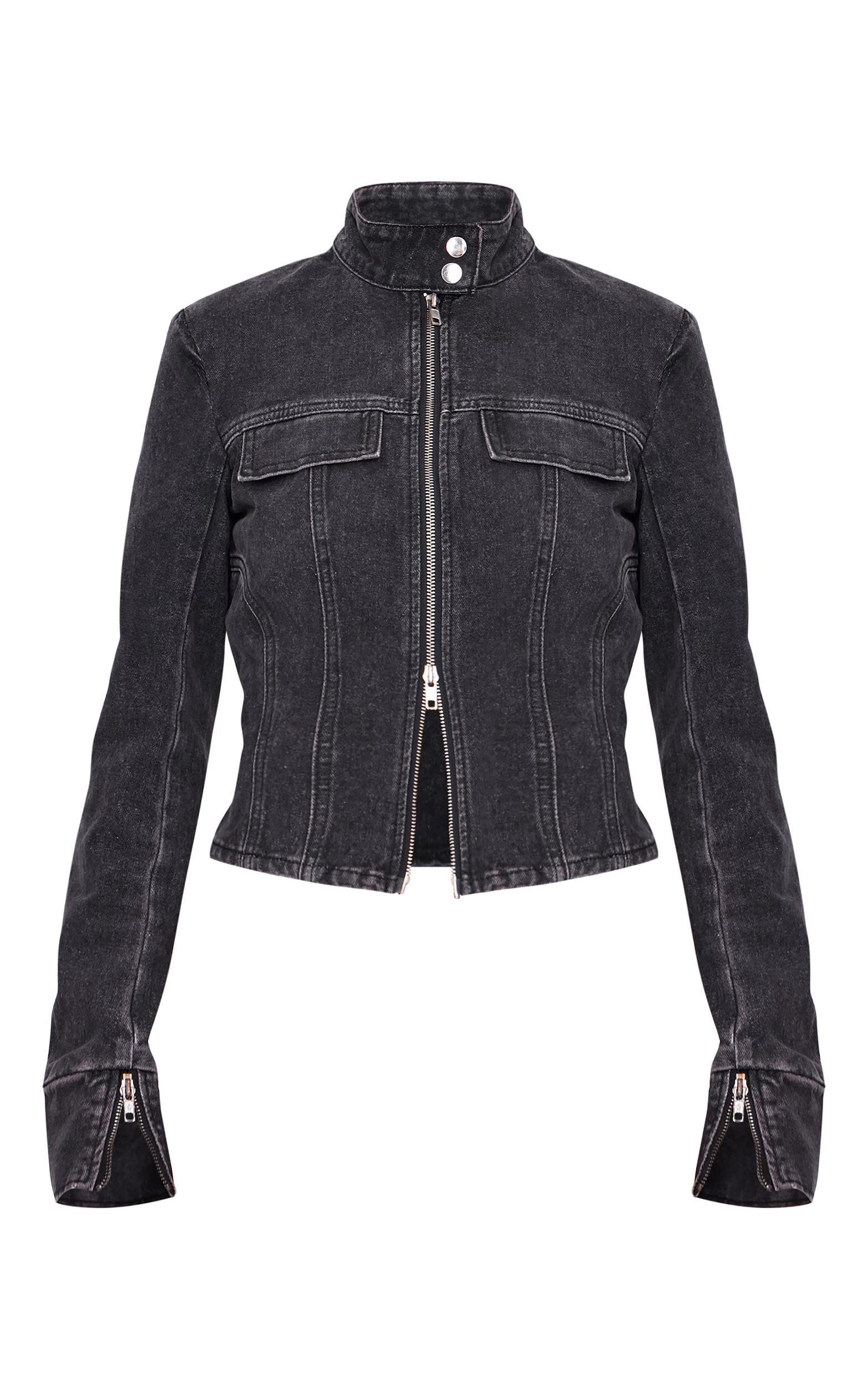 Washed Black Seam Detail Longline Fitted Racer Denim Jacket Product Image
