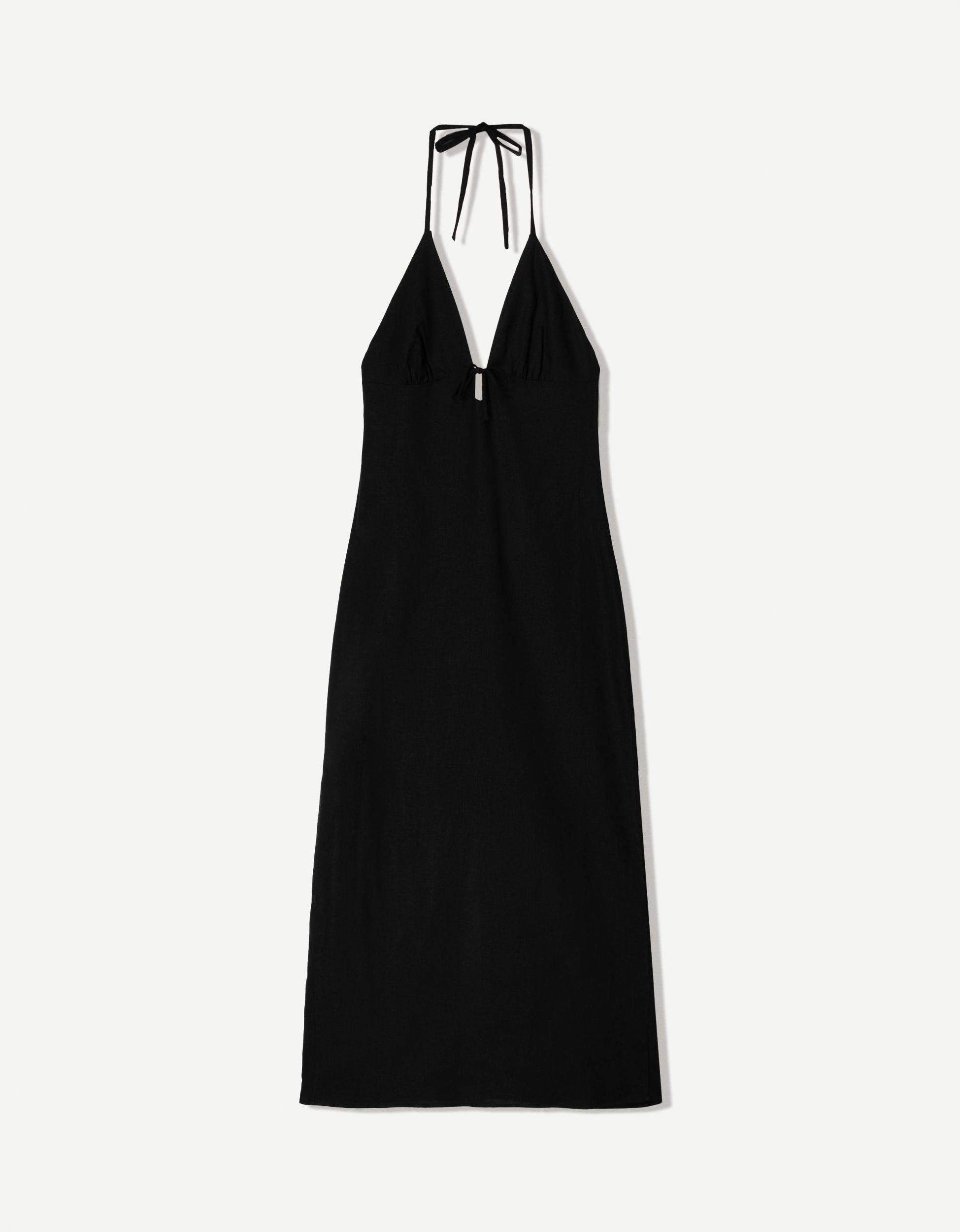Linen blend tie-up halter midi dress Product Image