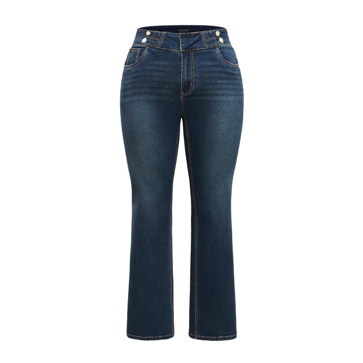 Plus Size Dark Wash Full Length Button Detail Jeans Women Indigo Casual Plain Plain High stretch Pocket Jeans BloomChic 30/6X Product Image
