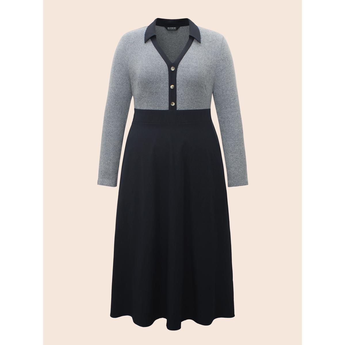 Plus Size Contrast Shirt Collar Button Detail Dress Indigo Women Elegant Contrast Shirt collar Extra Long Sleeve Curvy BloomChic 10/M Product Image