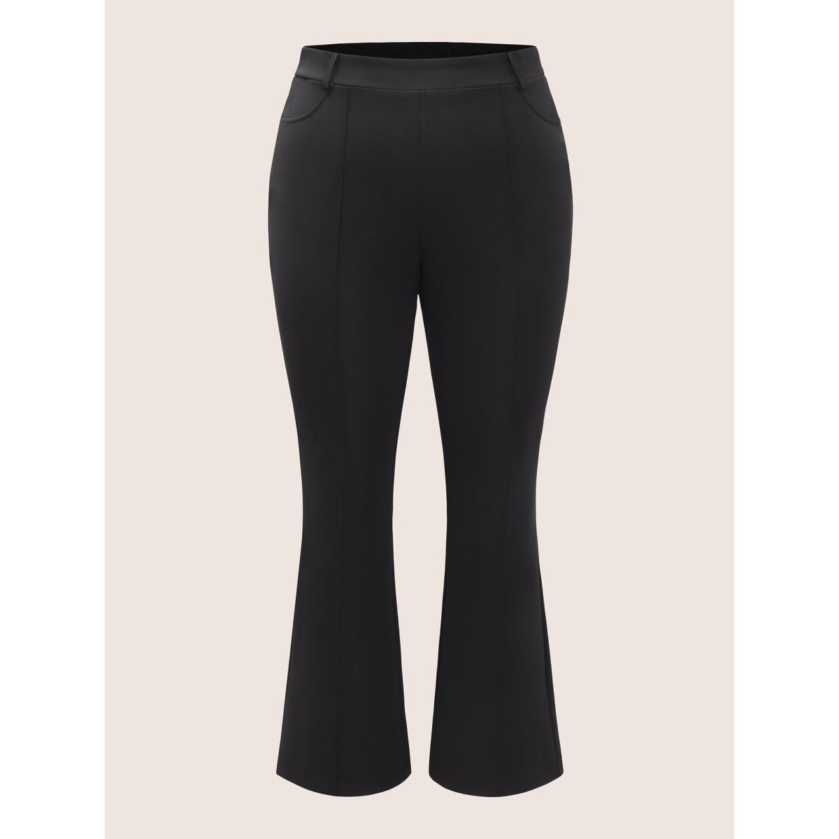 Plus Size Solid High Rise Elastic Waist Flare Leg Pants Women Black At the Office Flare Leg High Rise Work Pants BloomChic 26/4X Product Image