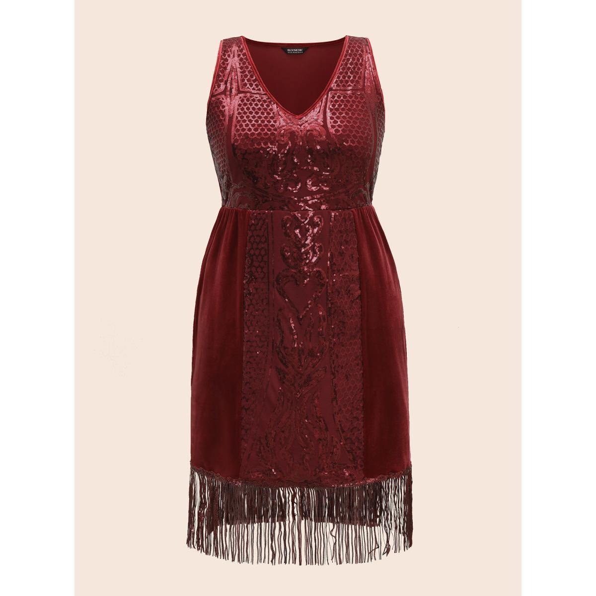 Plus Size Midnight Glamour Fringe Sequins Velvet Midi Dress Scarlet Women Cocktail Texture Party Curvy Bloomchic 30/6X Product Image