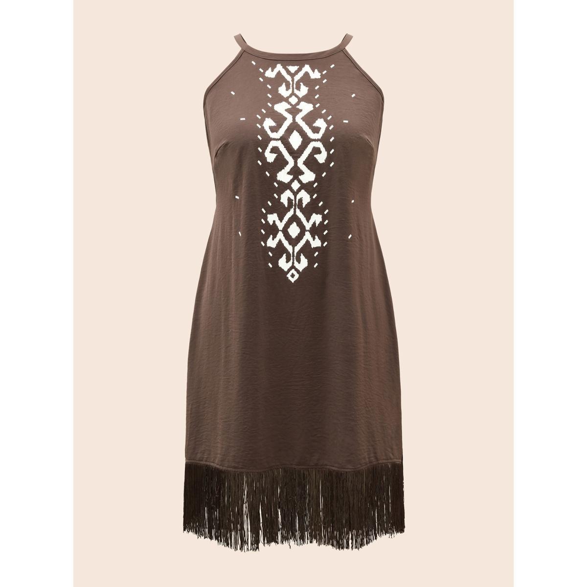 Plus Size Fringed Hem Elastic Waist Midi Dress DarkBrown Women Resort Tassels Non Sleeveless Curvy BloomChic 18-20/2X Product Image