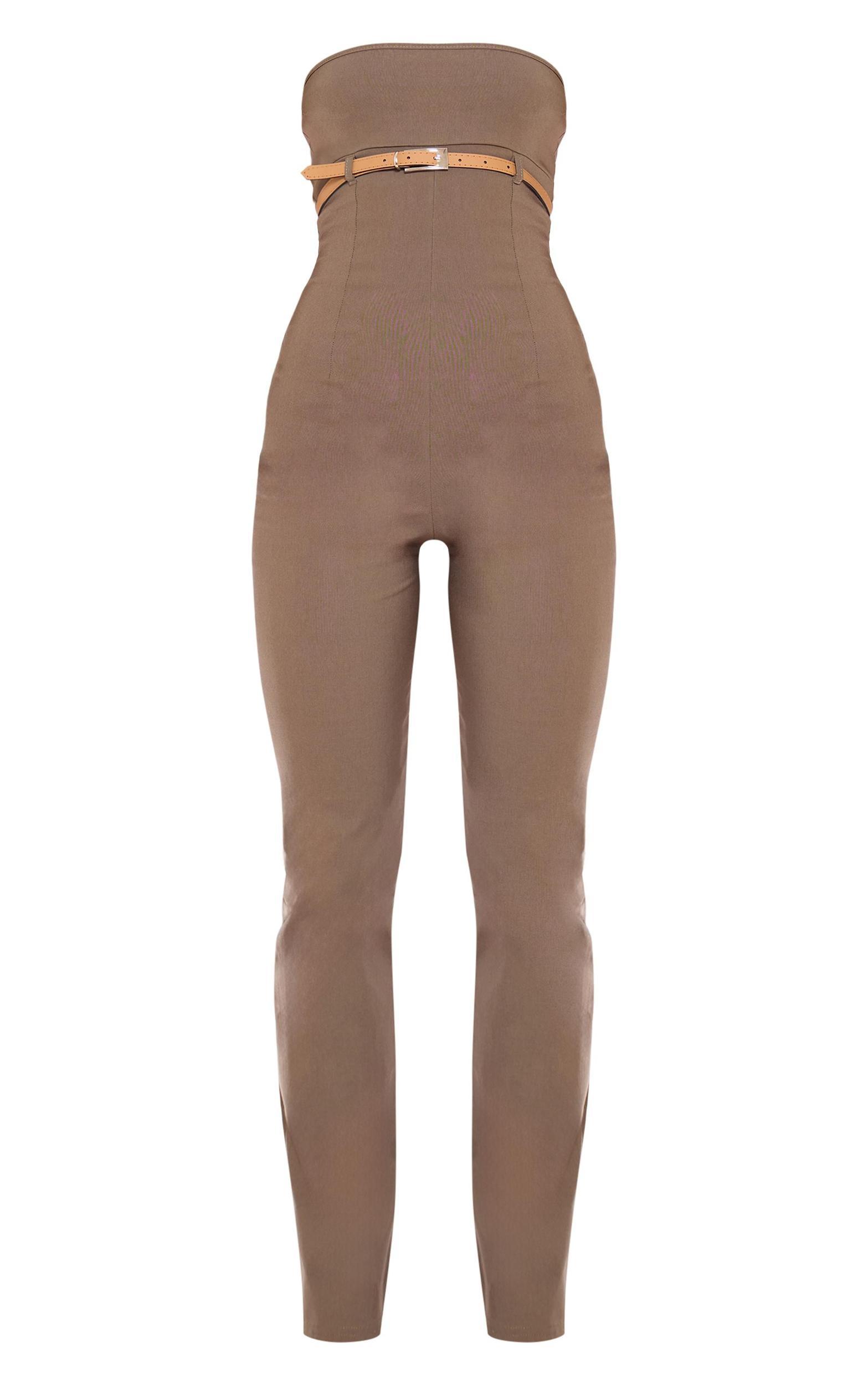 Khaki Stretch Woven Belted Bandeau Jumpsuit Product Image