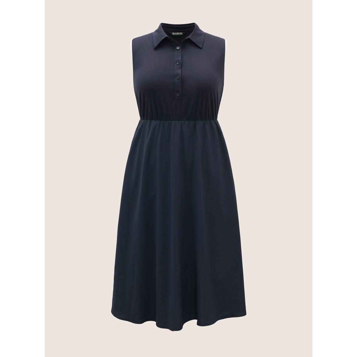 Plus Size Shirt Collar Contrast Trim Button Up Dress Navy Women Casual Contrast Shirt collar Sleeveless Curvy BloomChic 18-20/2X Product Image