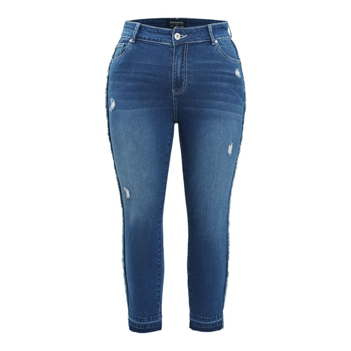 Plus Size Very Stretchy High Rise Medium Wash Raw Trim Jeans Women Blue Casual Plain Distressed High stretch Jeans BloomChic 18/2X Product Image