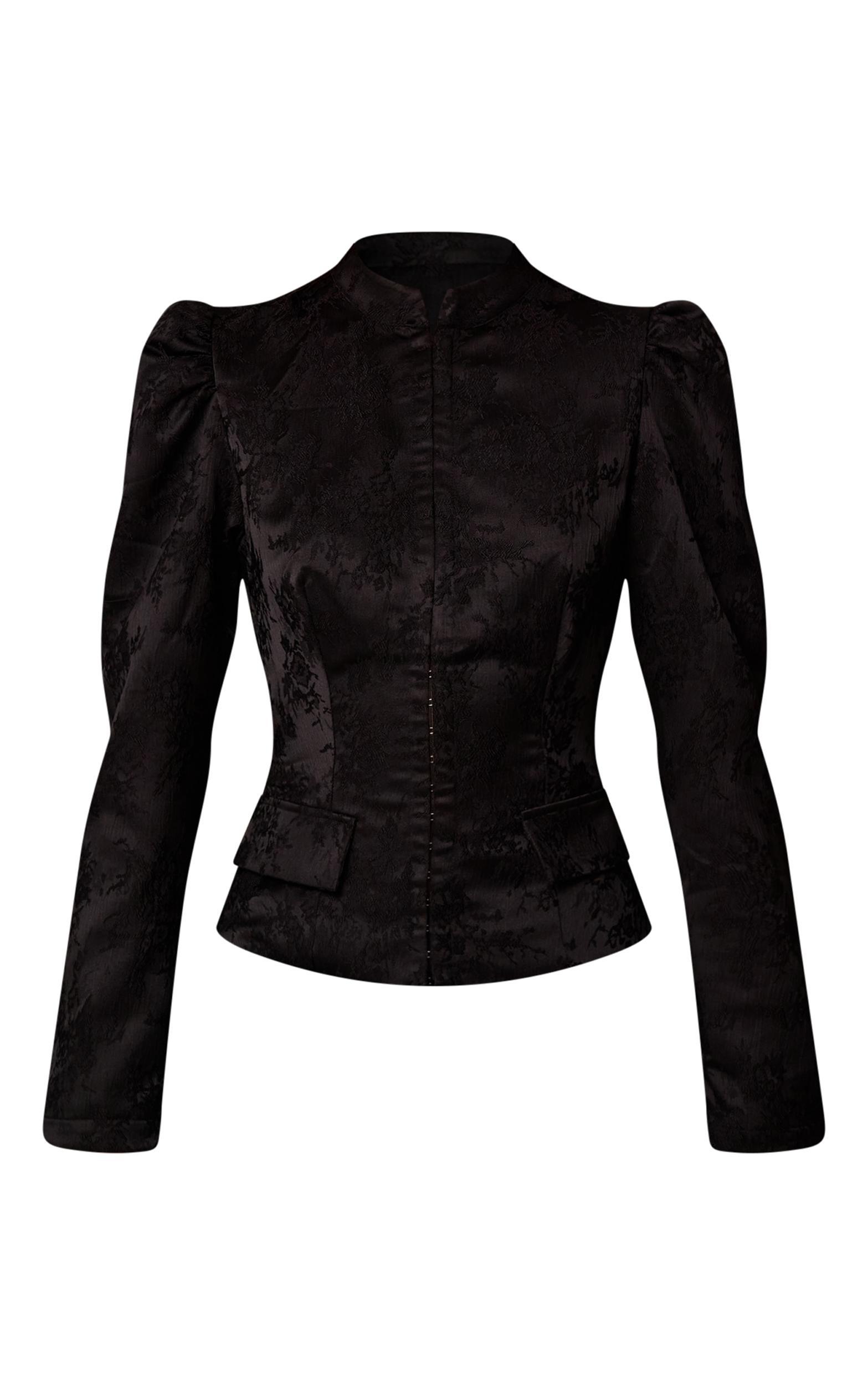 Black Lace High Neck Puff Sleeve Jacket Product Image