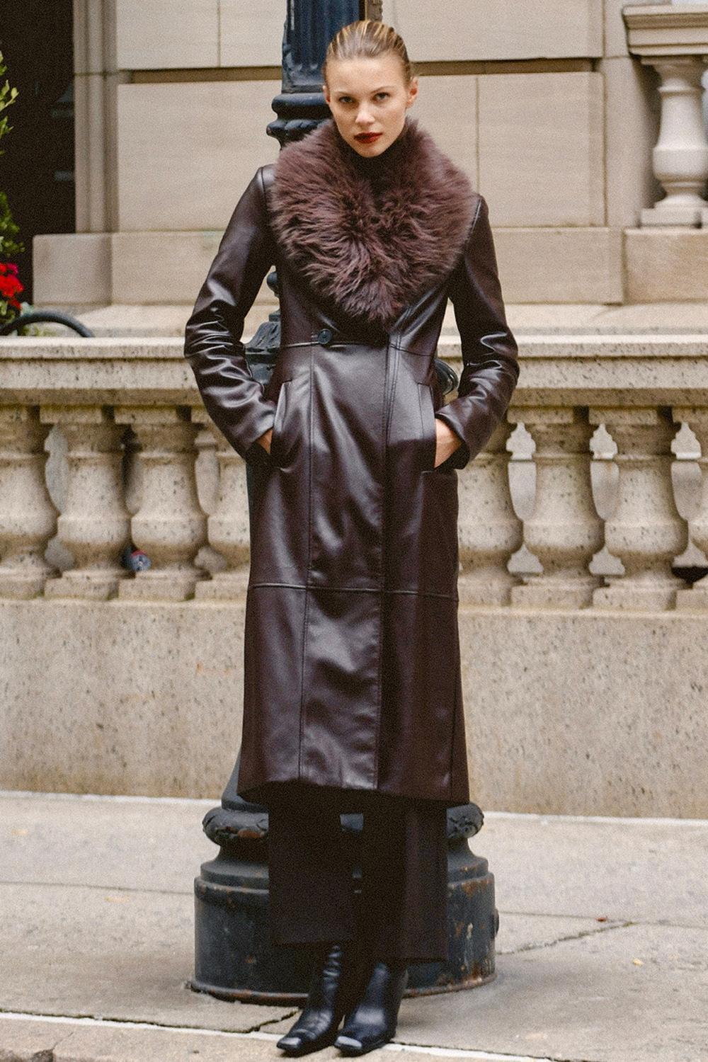 Marcel Brown Faux Fur Trimmed Vegan Leather Coat Product Image